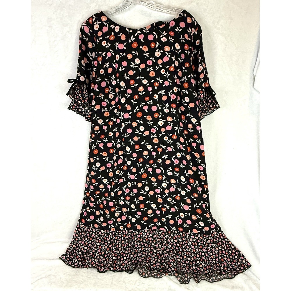 Talbots Black Floral Dress Ruffle Hem Shift Pink Red Print Womens 14
